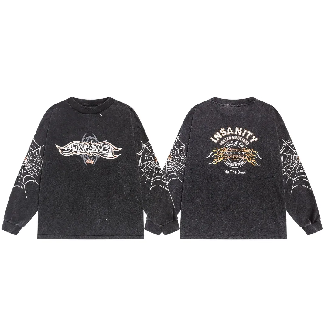 Saint Michael spider web splash ink VTG American high street washed loose long-sleeved base T-shirt Fabric: 260g Style number: SM18 Size: S-M-L-XL Color: Black Price: P156